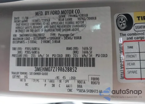 2009 Mercury Milan I4 z USA, uszkodzony, nr VIN 3MEHM07Z19R628852